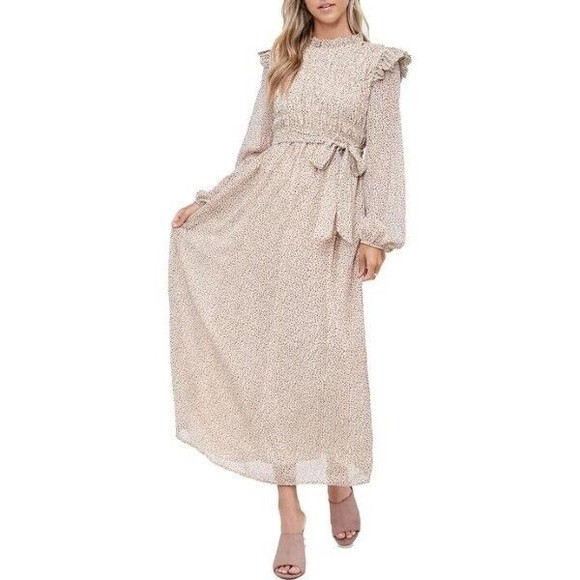 En Saison ANTHROPOLOGIE Dress Beige Metallic Smocked Belted XS Cottagecore - Picture 2 of 9